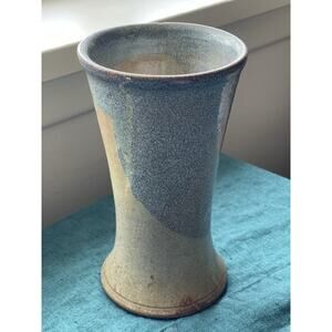 Strony Handmade Signed Stoneware Art Pottery Vase Blue Beige Brown 8in